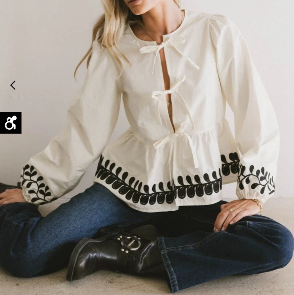 bohme Cream Peasant Blouse with Black Embroidered Trim